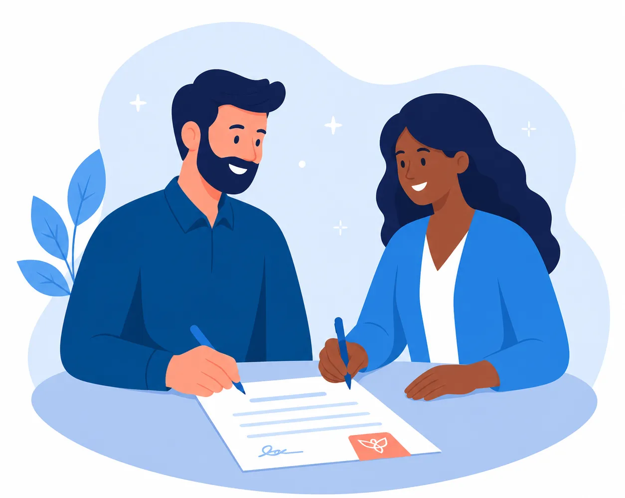 Un conseiller SOFRANCA et une cliente signent ensemble un contrat d’assurance.