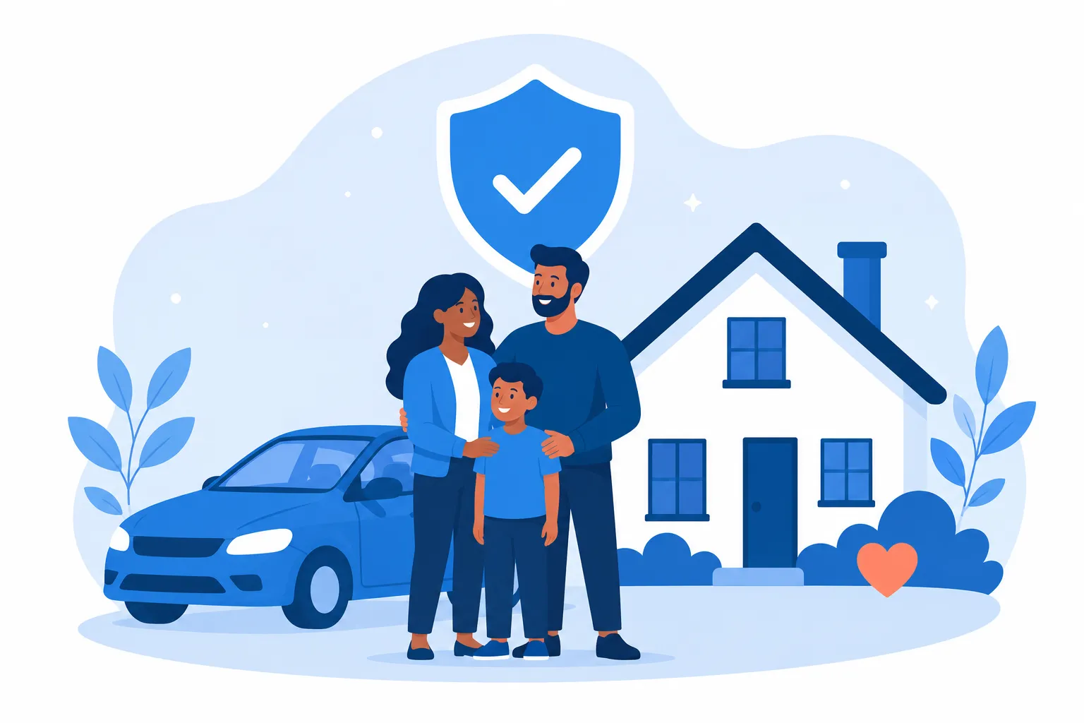 Une famille devant sa maison et sa voiture, protégées par un bouclier.